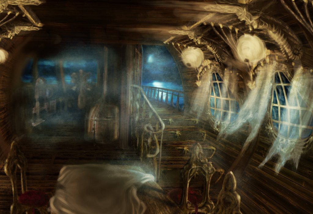 Spooky ghost ship wallpaper with eerie wooden cabin glowing orbs and supernatural moonlight shadows