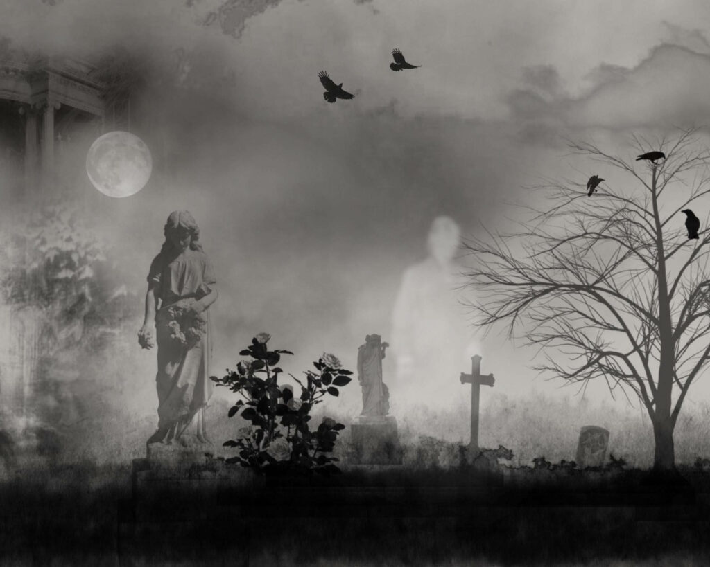 Ghostly graveyard wallpaper with mist shadowy trees full moon and drifting ethereal spirits
