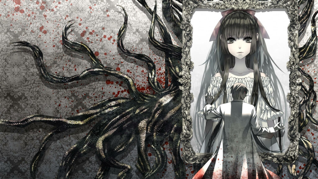 Haunting Gothic Anime Girl Wallpaper with Dark Mirror & Crimson Accents