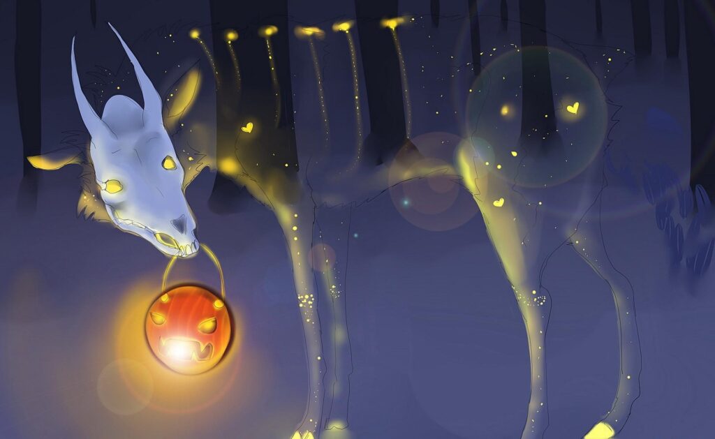 Haunting Halloween Wallpaper: Ghostly Creature & Glowing Jack-o'-lantern