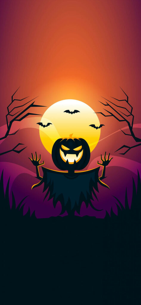 Haunted Harvest: Full Moon's Gaze Upon the Scarecrow in Forest Wallpaper