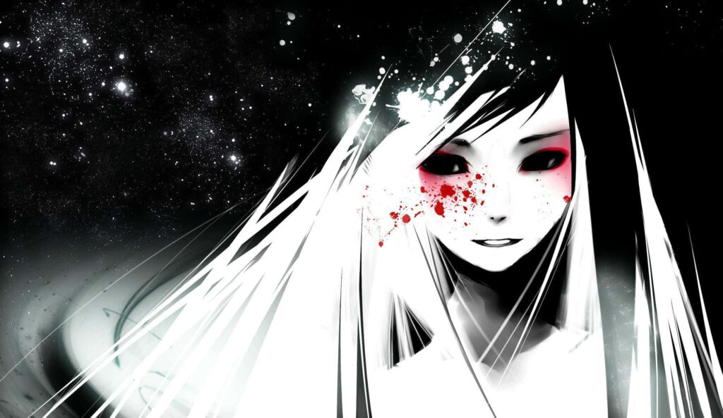 Haunting Horror Anime Wallpaper: Monochrome Beauty with Red Accents