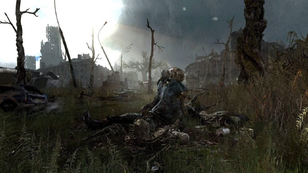 Haunting Metro Last Light wallpaper corpse in gas mask overgrown post-apocalyptic wasteland background