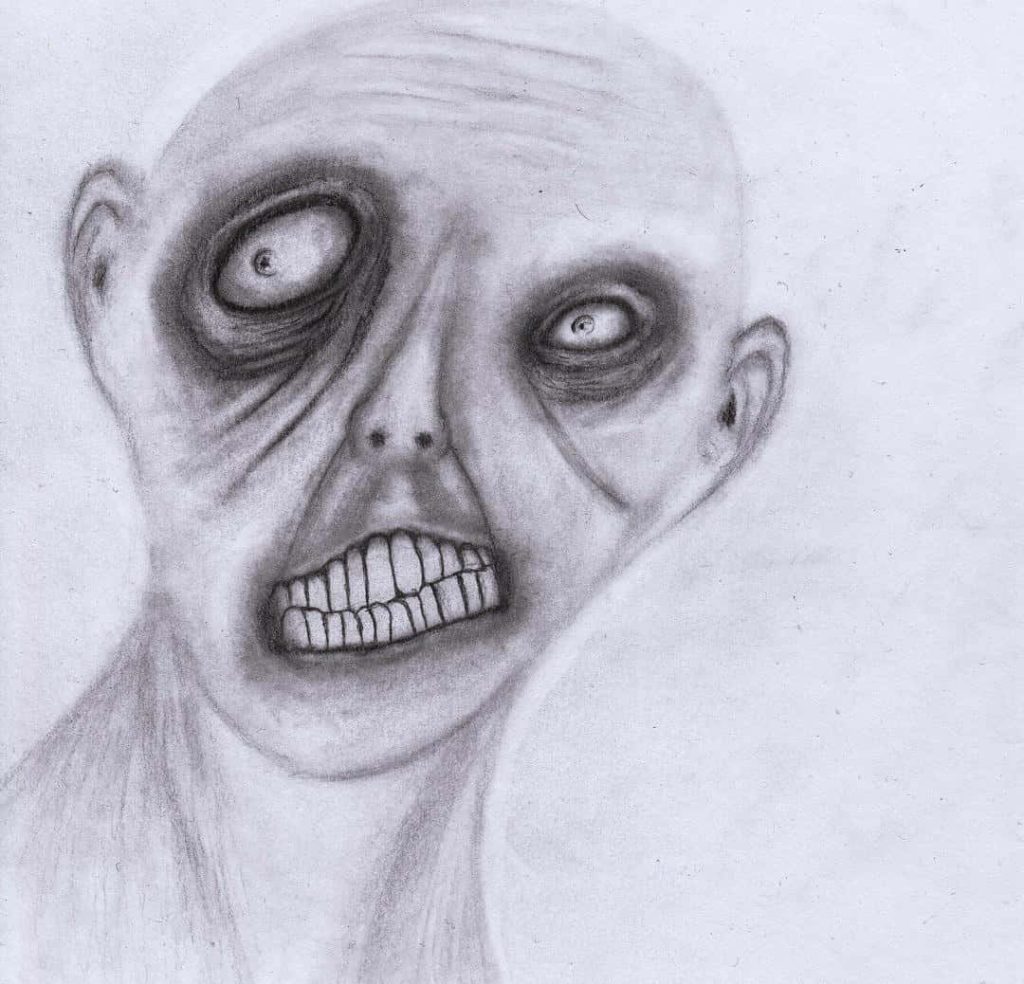 Haunting pencil sketch of gaunt zombie with dark eyes and toothy grin dark horror wallpaper