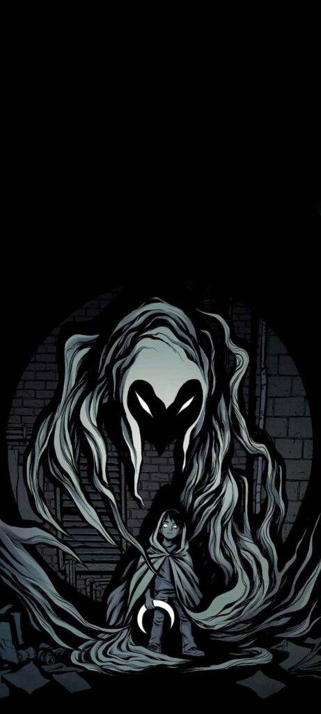 Mysterious Hooded Figure & Spectral Entity Wallpaper – Dark Art Background