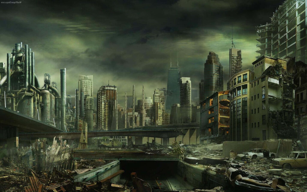 Haunting Post-Apocalyptic Cityscape Wallpaper: Desolate Decay
