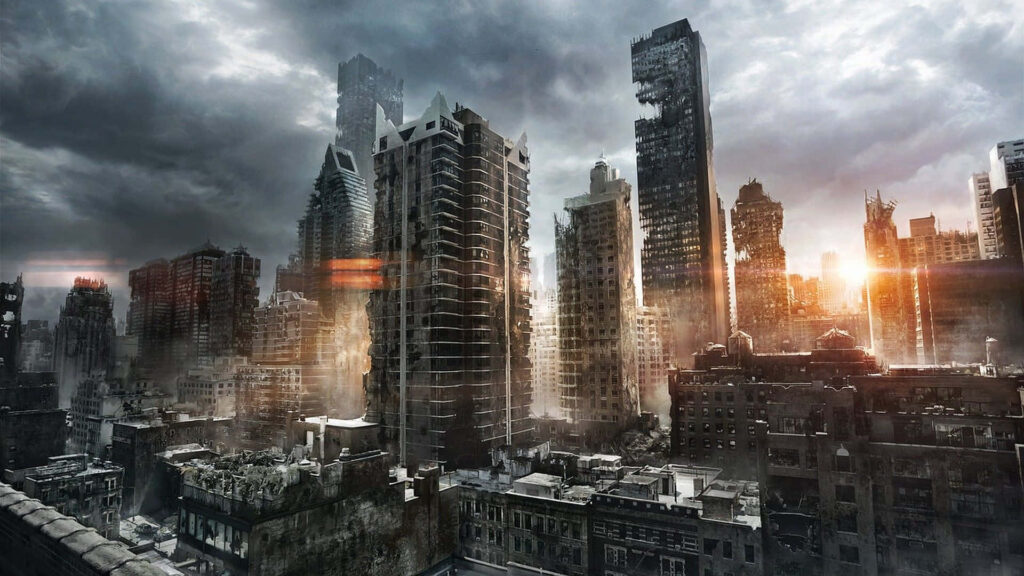 Post-Apocalyptic Cityscape Wallpaper: Crumbling Skyscrapers & Eerie Glow