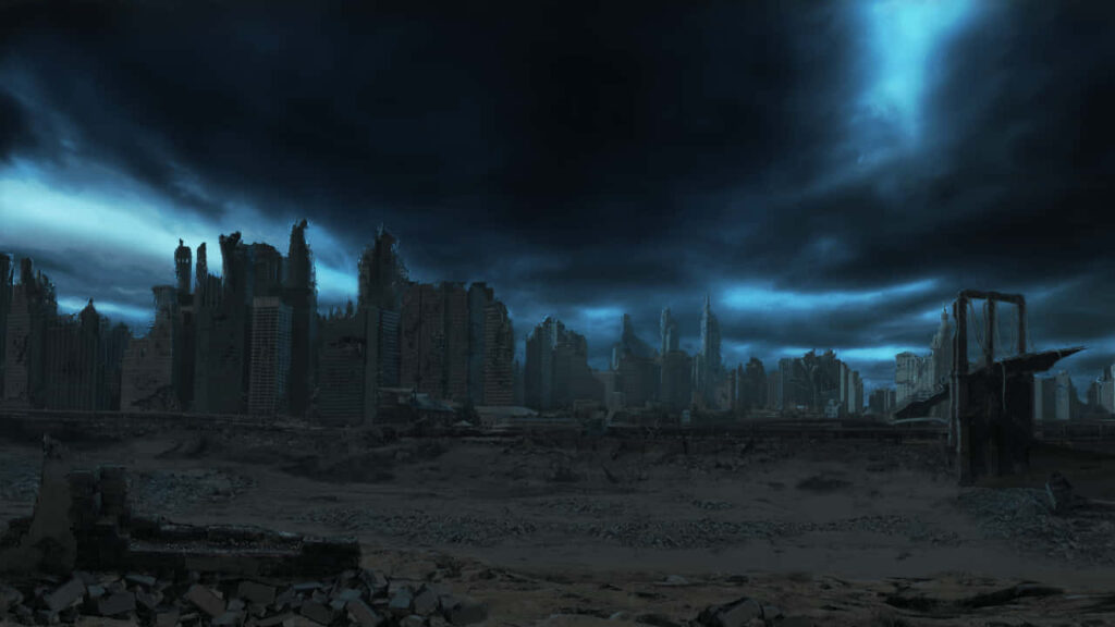 Haunting Post-Apocalyptic Urban Decay Wallpaper: Desolate Cityscape
