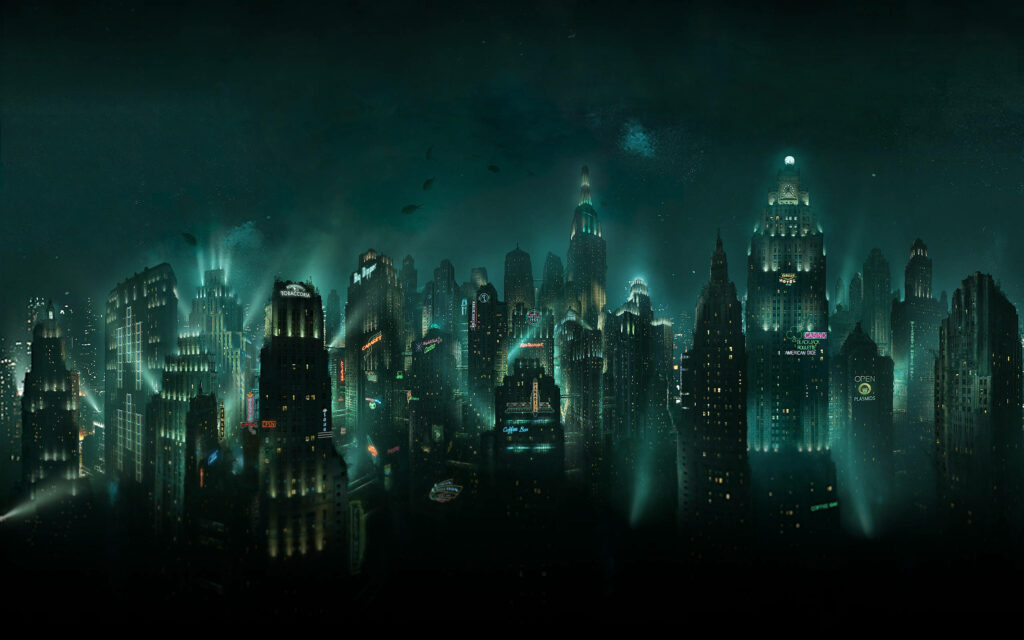 Rapture Cityscape Wallpaper: Eerie Art Deco Metropolis Background