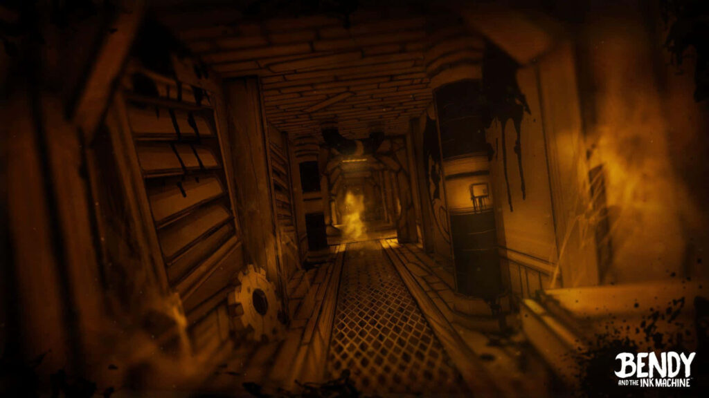 Sepia hallway from Bendy and the Ink Machine with eerie ink splatters and shadowy figure atmosphere Wallpaper