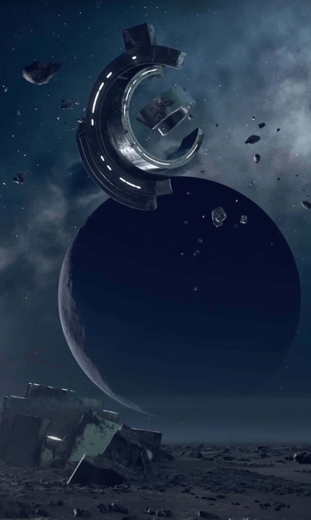 Haunting space debris over desolate lunar surface with ring structure and distant planetscape background Wallpaper