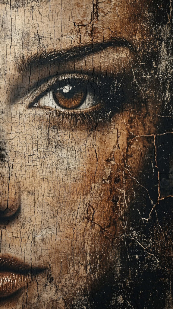 Dramatic portrait with detailed eye on cracked textured vintage wallpaper in warm earthy tones