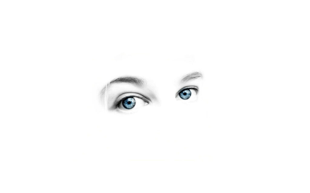 Minimalist wallpaper of intense blue eyes with detailed lashes on a white pencil sketch background