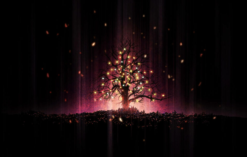 Gothic Solitary Tree Wallpaper with Glowing Orbs for Unique Christmas