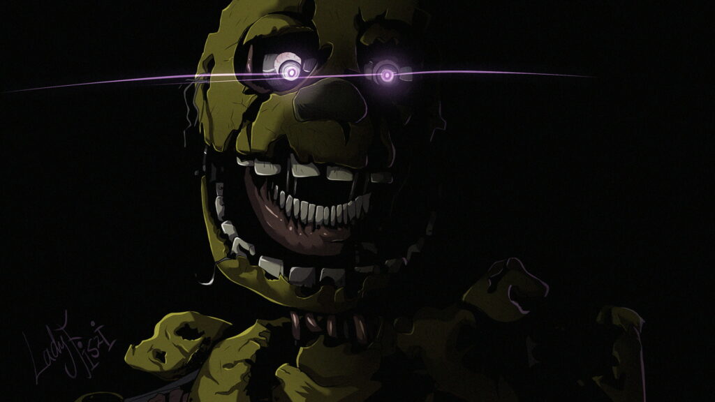Haunting Springtrap animatronic with glowing purple eyes on dark Five Nights at Freddy’s wallpaper