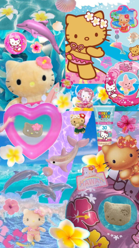 Hawaiian Hello Kitty Wallpaper: Tropical Beach Collage Background