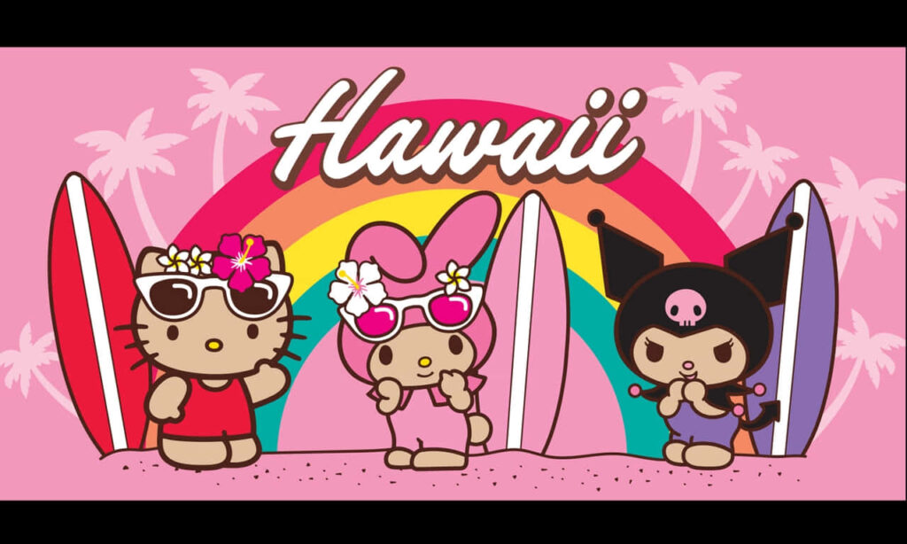 Hawaiian Hello Kitty Adventure Wallpaper: Surfing Fun & Tropical Vibes