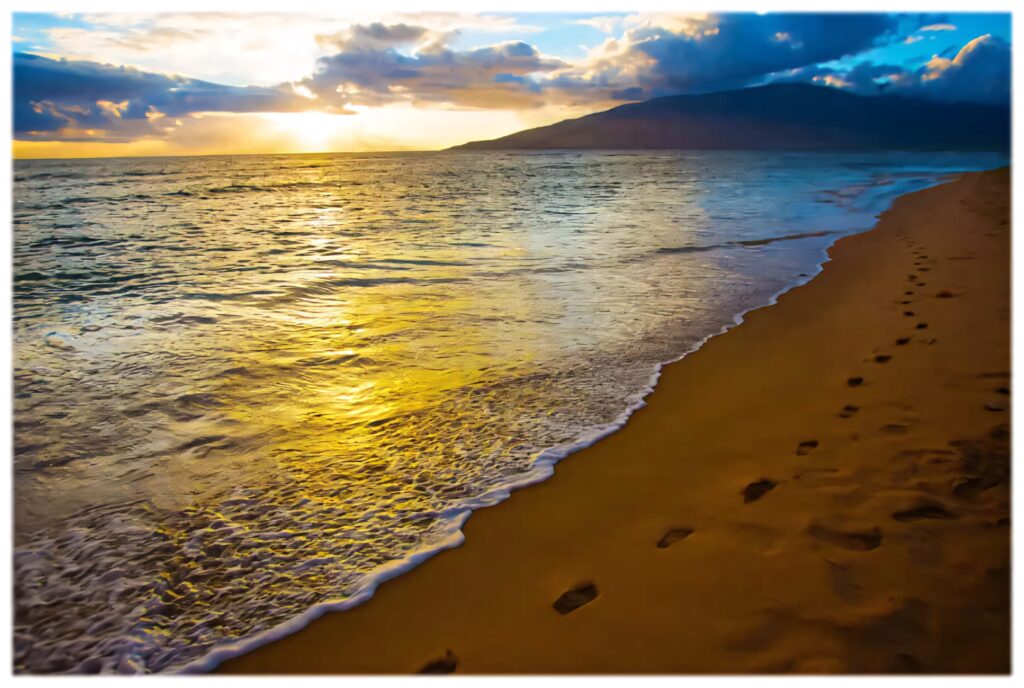 Hawaiian Sunset Beach Wallpaper: Golden Waves & Footprints
