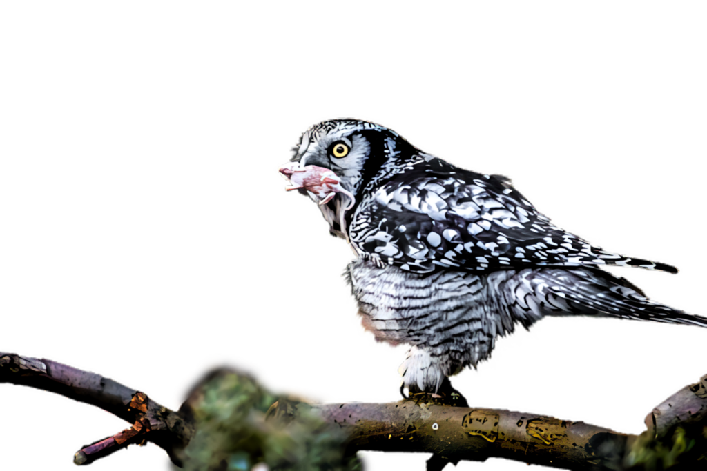 Striking Hawk Owl Wallpaper: Feeding Time on Dark Background