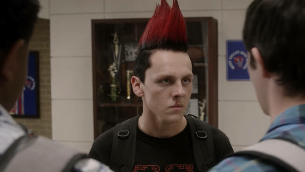 Hawk from Cobra Kai: Intense Wallpaper with Red Mohawk in School