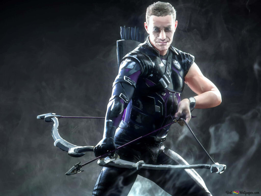 Hawkeye Dynamic Pose Wallpaper: Skill & Precision in a Smoky Scene