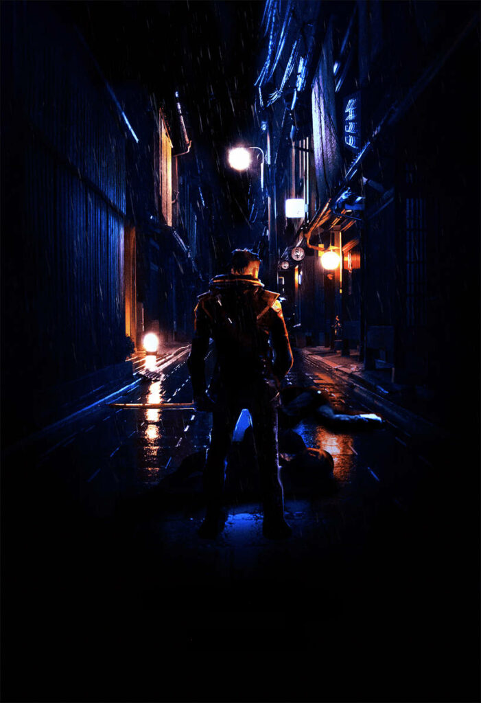 Hawkeye in Neon Rain: Dynamic Japanese Street Wallpaper Background