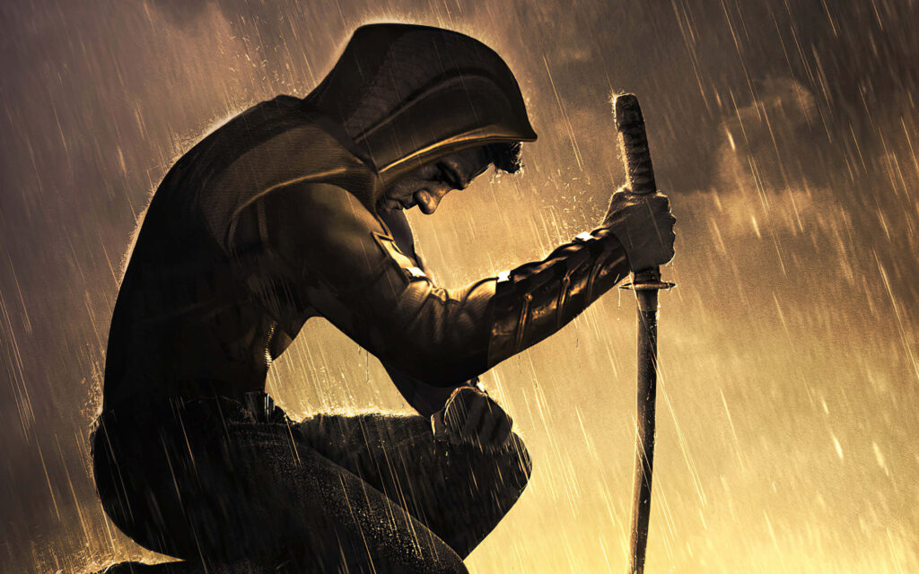 Epic Hawkeye Wallpaper: Intense Moment Under Rainy Golden Sky