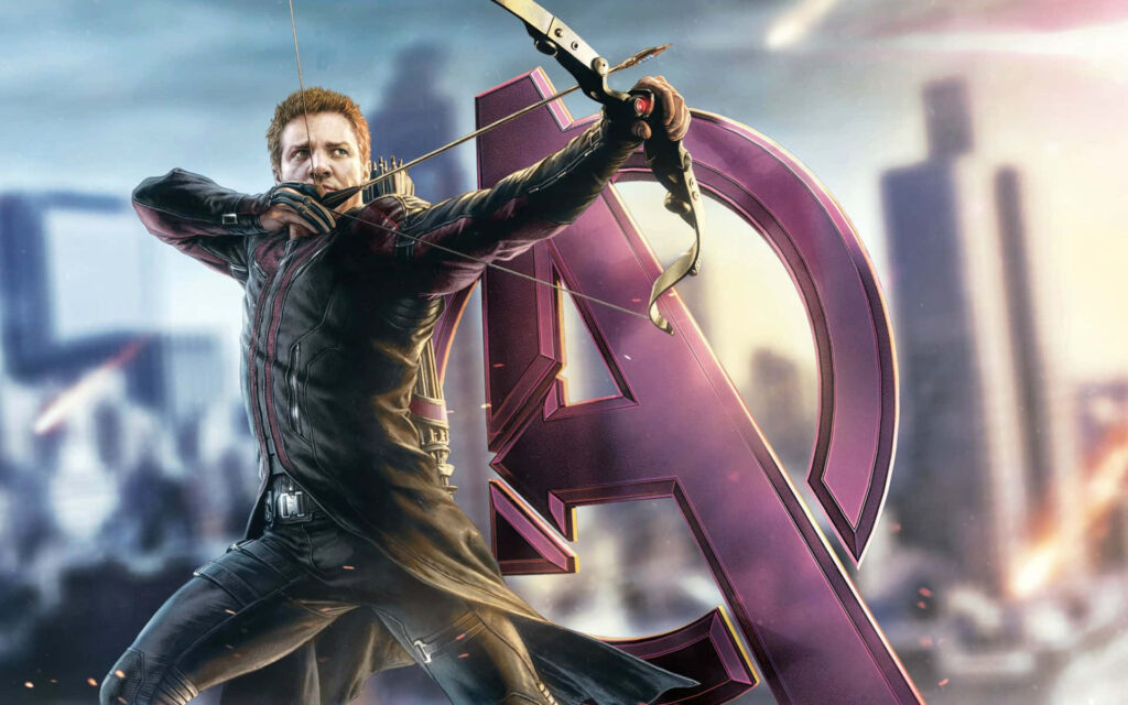 Hawkeye in Action: Dynamic Bow Mastery Against Cityscape Wallpaper