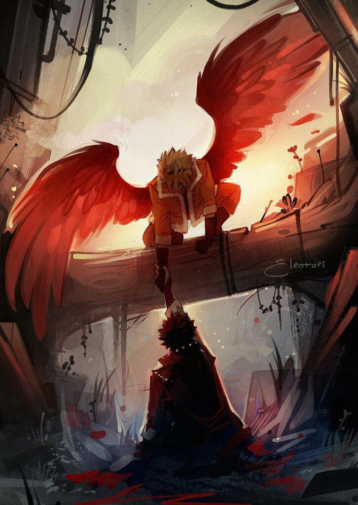 Hawks with fiery red wings helping vulnerable Dabi My Hero Academia wallpaper sunset tones
