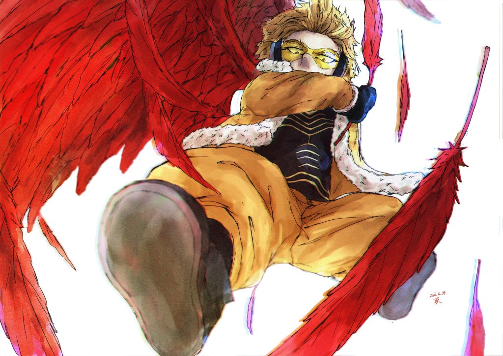 Hawks from My Hero Academia soaring with red wings and falling feathers digital wallpaper