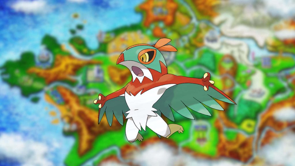 Hawlucha Fighting-type Pokémon soaring against blurred Kalos region map vibrant wallpaper background