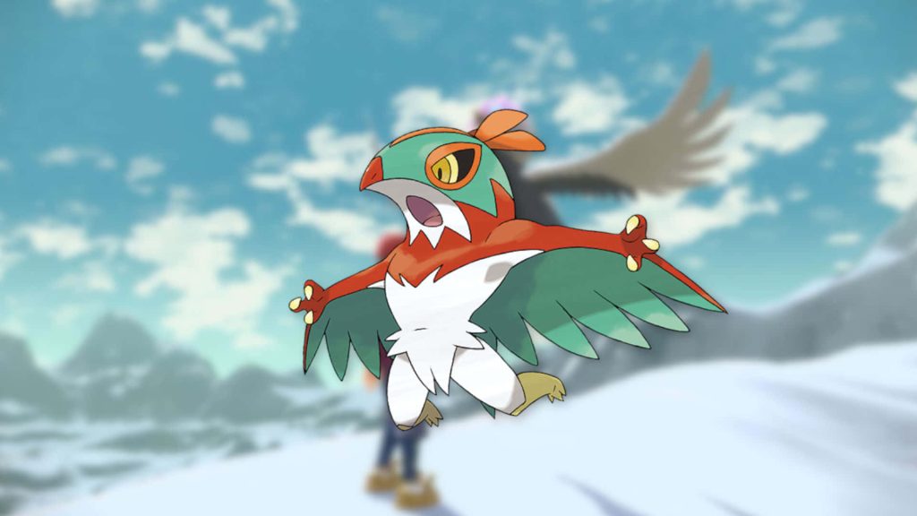 Hawlucha mid-leap over snowy mountains vibrant wrestling design Pokémon Legends Arceus wallpaper