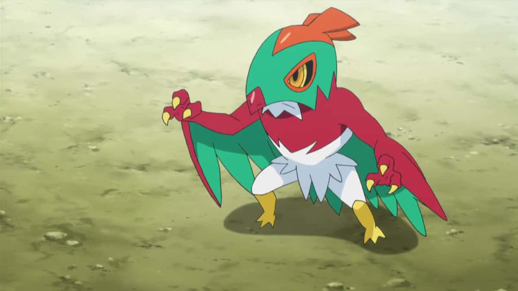Hawlucha Pokémon battle stance vibrant 2D wallpaper with red green white plumage background