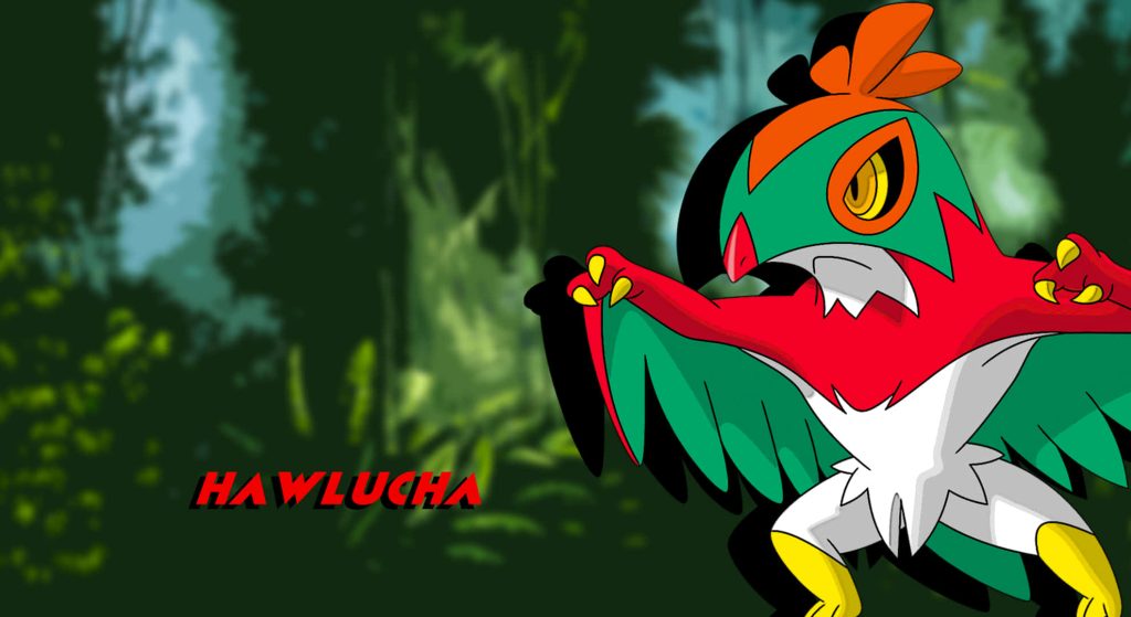 Hawlucha Pokémon artwork with bold red text over vibrant forest background wallpaper