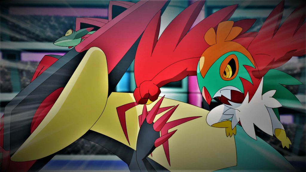 Hawlucha mid-air attack on Dragapult in vibrant stadium Pokémon battle anime wallpaper background