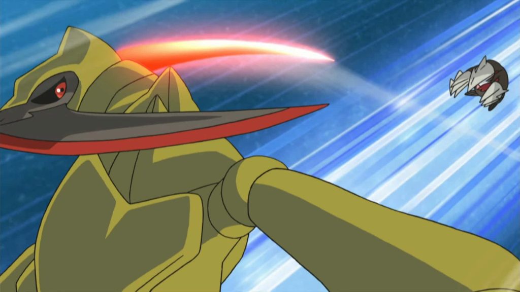 Haxorus mid-attack with glowing claw hits Aron vibrant anime Dragon-type Pokémon battle wallpaper