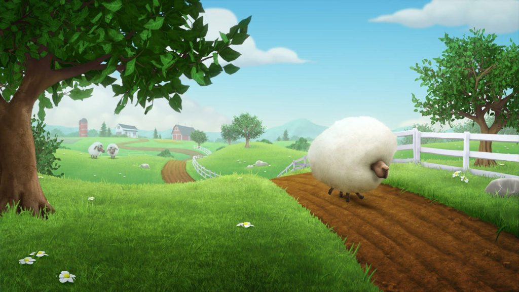 Hay Day wallpaper with fluffy sheep on dirt path green hills white fence 3D CGI art style