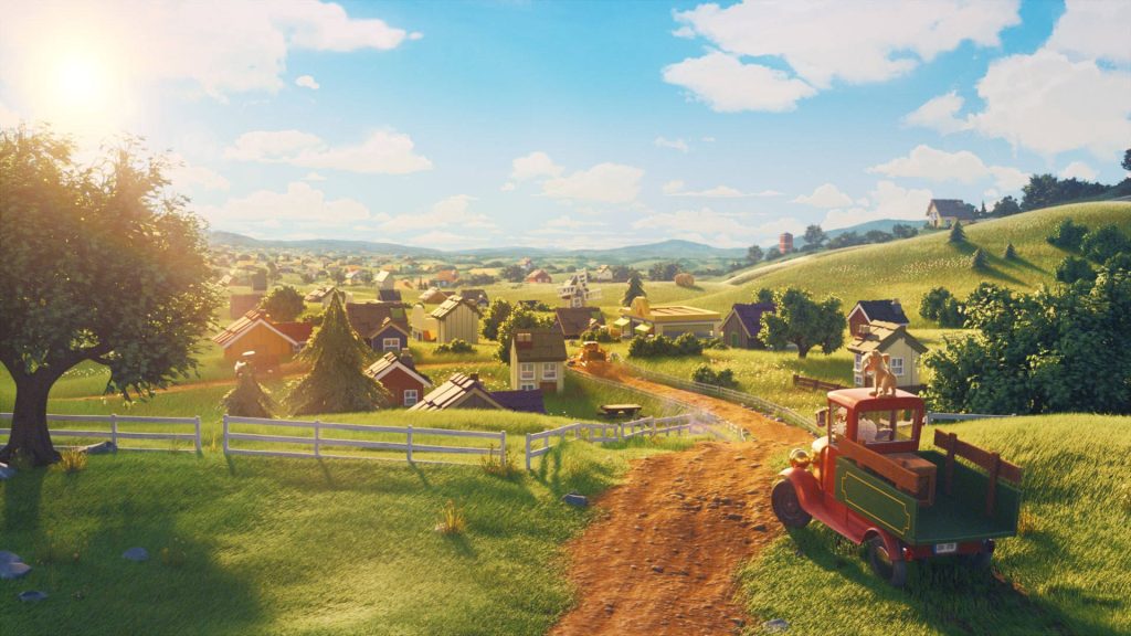 Hay Day Valley golden hour wallpaper red truck dog rolling green hills rural landscape