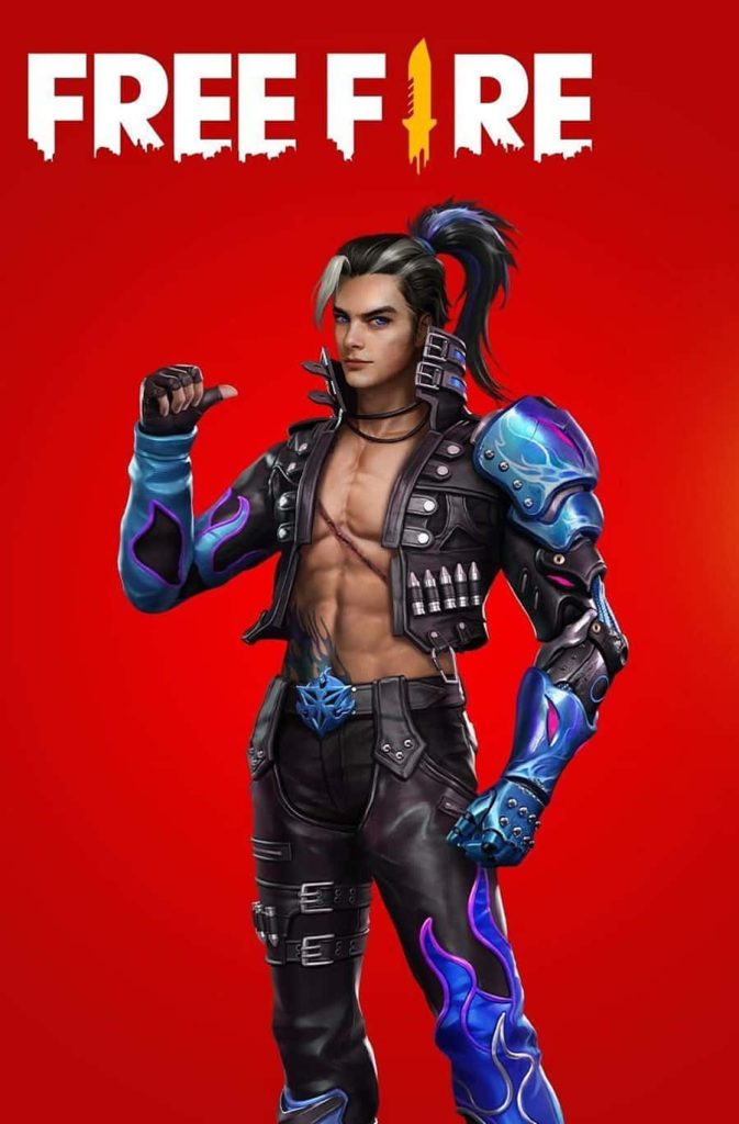 Free Fire Hayato wallpaper blue flame skin ponytail leather jacket cybernetic armor red background