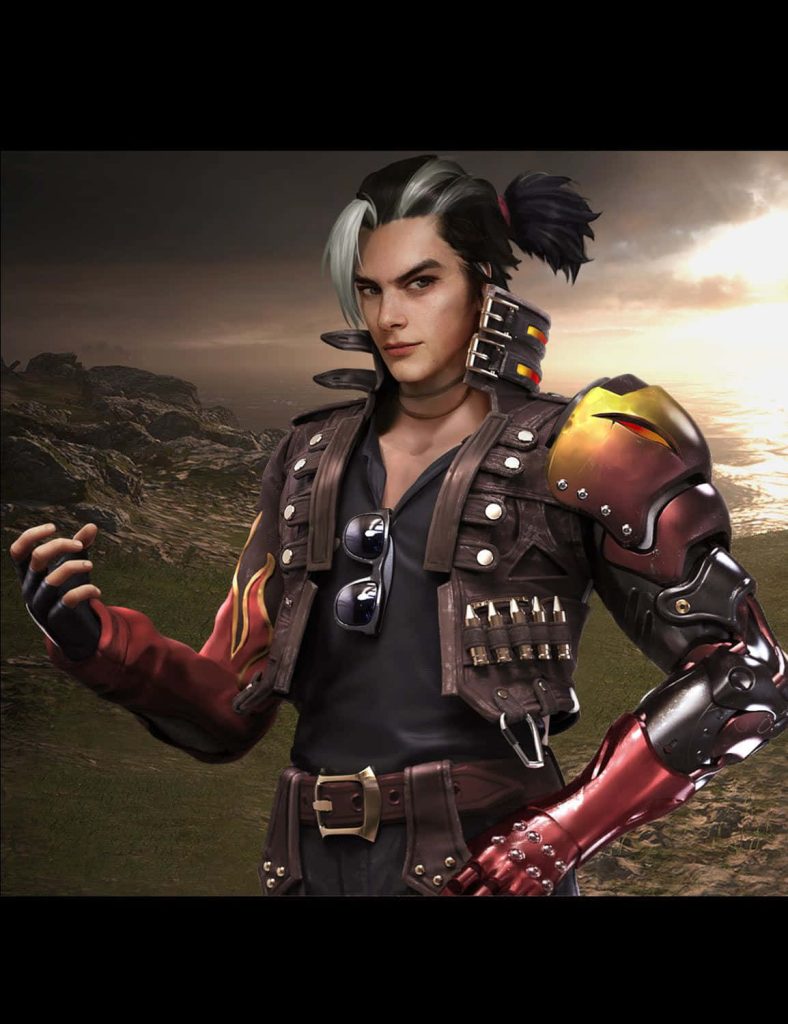 Free Fire Hayato wallpaper with cyborg arm stylish leather jacket intense look horizon