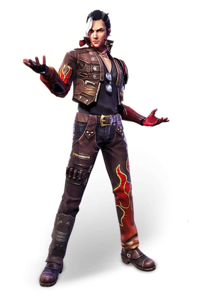 Full-body CGI wallpaper of Hayato from Garena Free Fire in brown leather jacket with flames