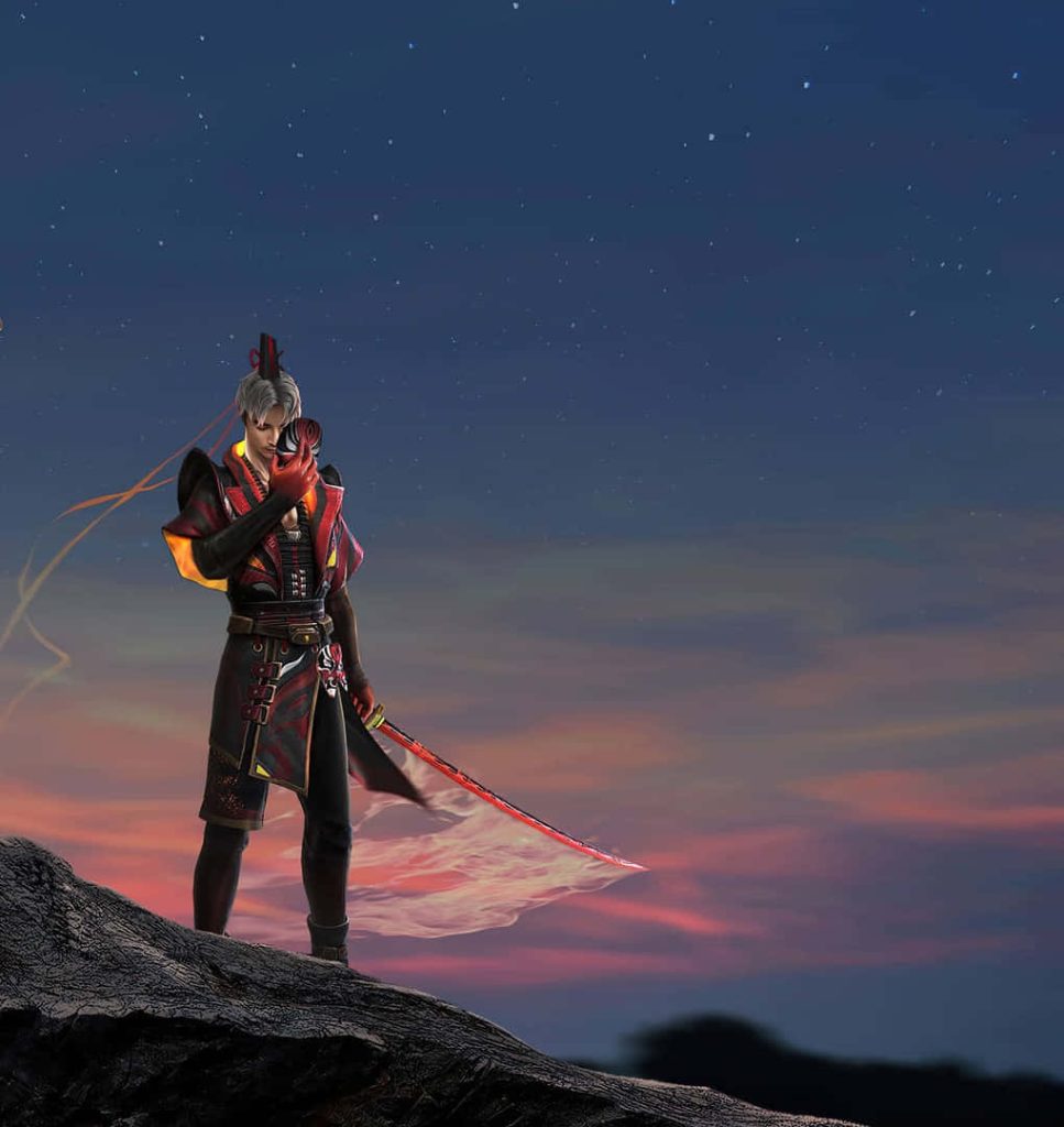 Hayato Yagami Free Fire samurai with glowing red katana on cliff at starry twilight wallpaper