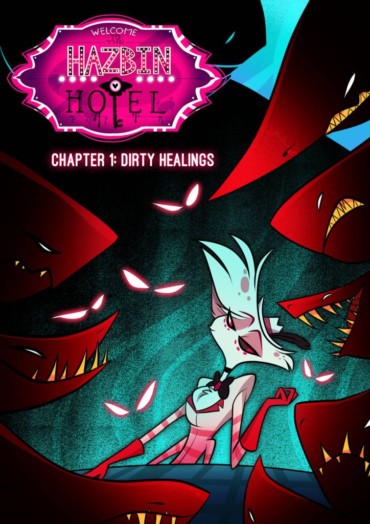 Hazbin Hotel Angel Dust with glowing eyes and shadows dark hotel sign Chapter 1 wallpaper