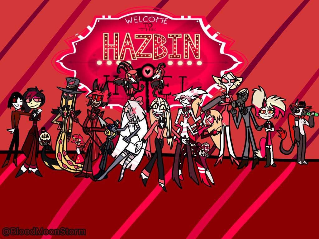 Hazbin Hotel wallpaper with Charlie Morningstar Alastor Angel Dust by neon sign red background