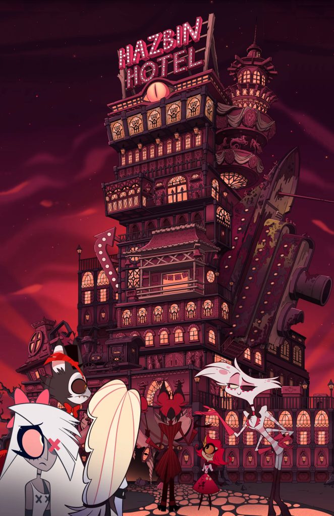 Hazbin Hotel characters Charlie Vaggie Angel Dust Alastor Husk Niffty in gothic hotel background Wallpaper