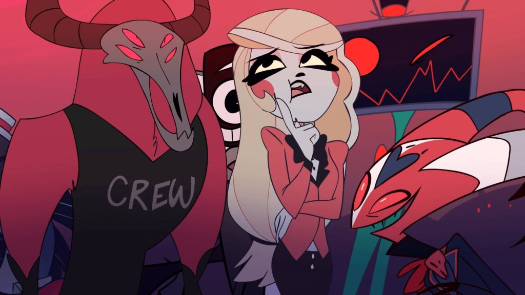 Hazbin Hotel and Helluva Boss crossover wallpaper with Charlie Morningstar Blitzo Vortex red hues