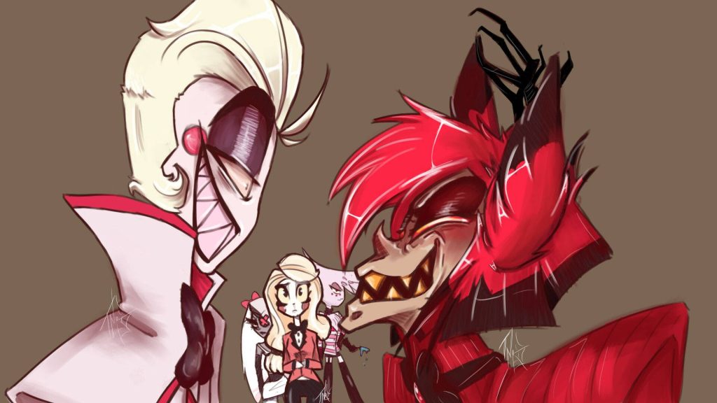 Hazbin Hotel intense rivalry digital art Alastor Lucifer Morningstar Charlie wallpaper background