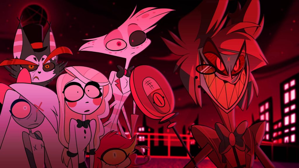 Hazbin Hotel main cast in vibrant 2D style with red hellish cityscape background wallpaper