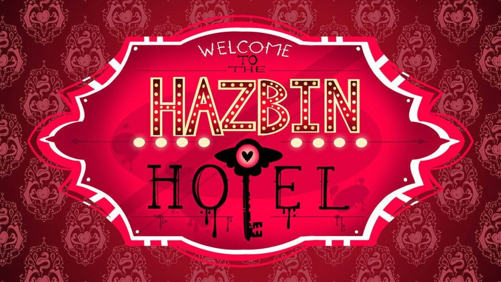 Hazbin Hotel wallpaper with iconic marquee logo winged key deep red gothic damask background