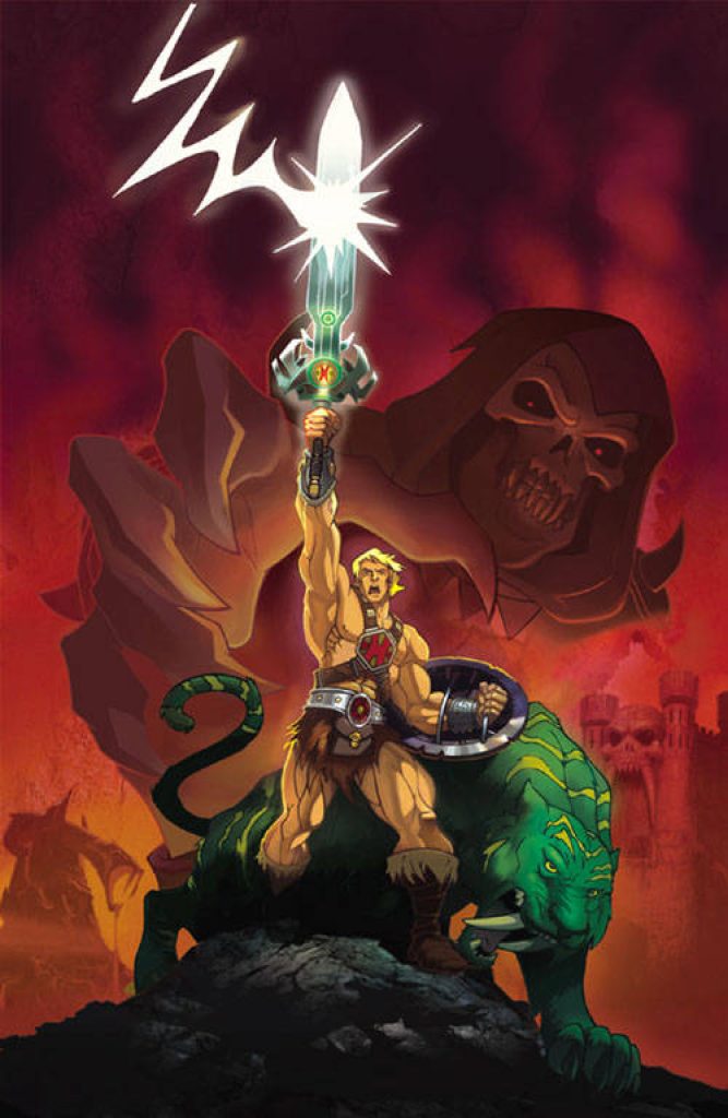 He-Man on Battle Cat wielding glowing Power Sword with Skeletor over Castle Grayskull wallpaper